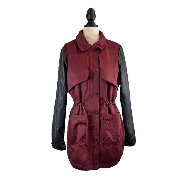 ASOS Trench Coat Wine/Burgundy Black Faux Leather Sleeve, Size 8 (US) - Picture 1 of 15